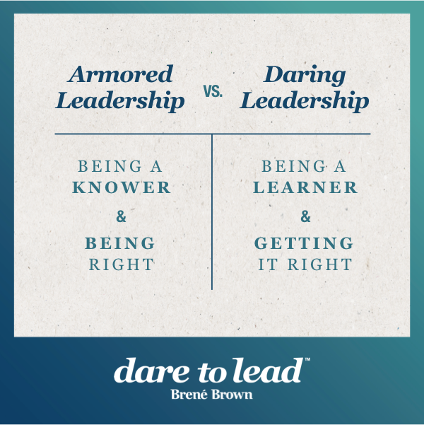 Armored Leadership vs Daring Leadership, Being a Knower and Being Right, Being a Learner and Getting it Right. Brené Brown