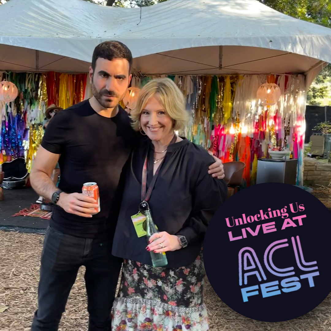 Brett Goldstein and Brené Brown, who recorded an episode of the Unlocking Us podcast live at the Austin City Limits Music Festival in Austin, Texas.