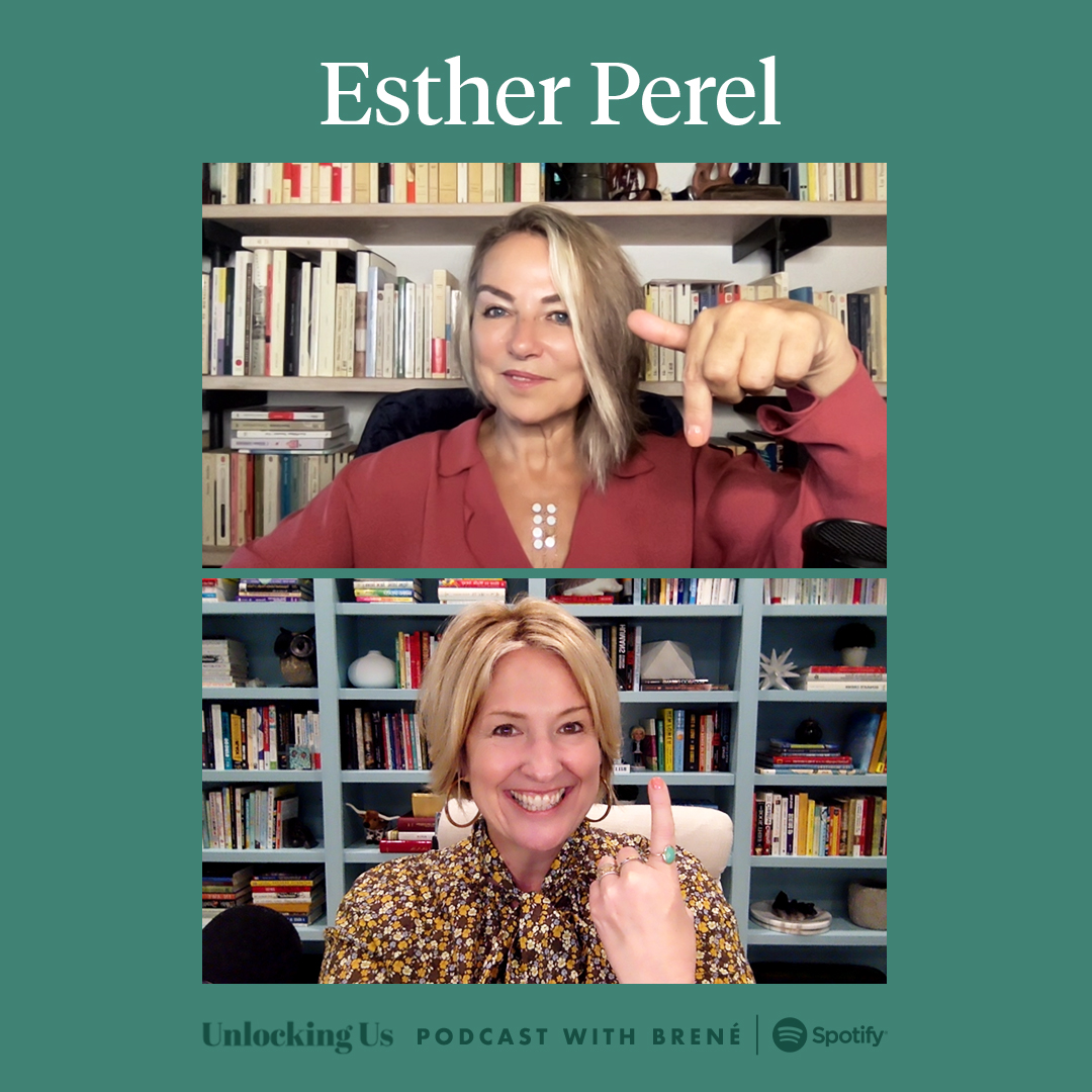 Esther Perel and Brene Brown on a zoom call together. Listen to the latest episode of Unlocking Us, now on Spotify