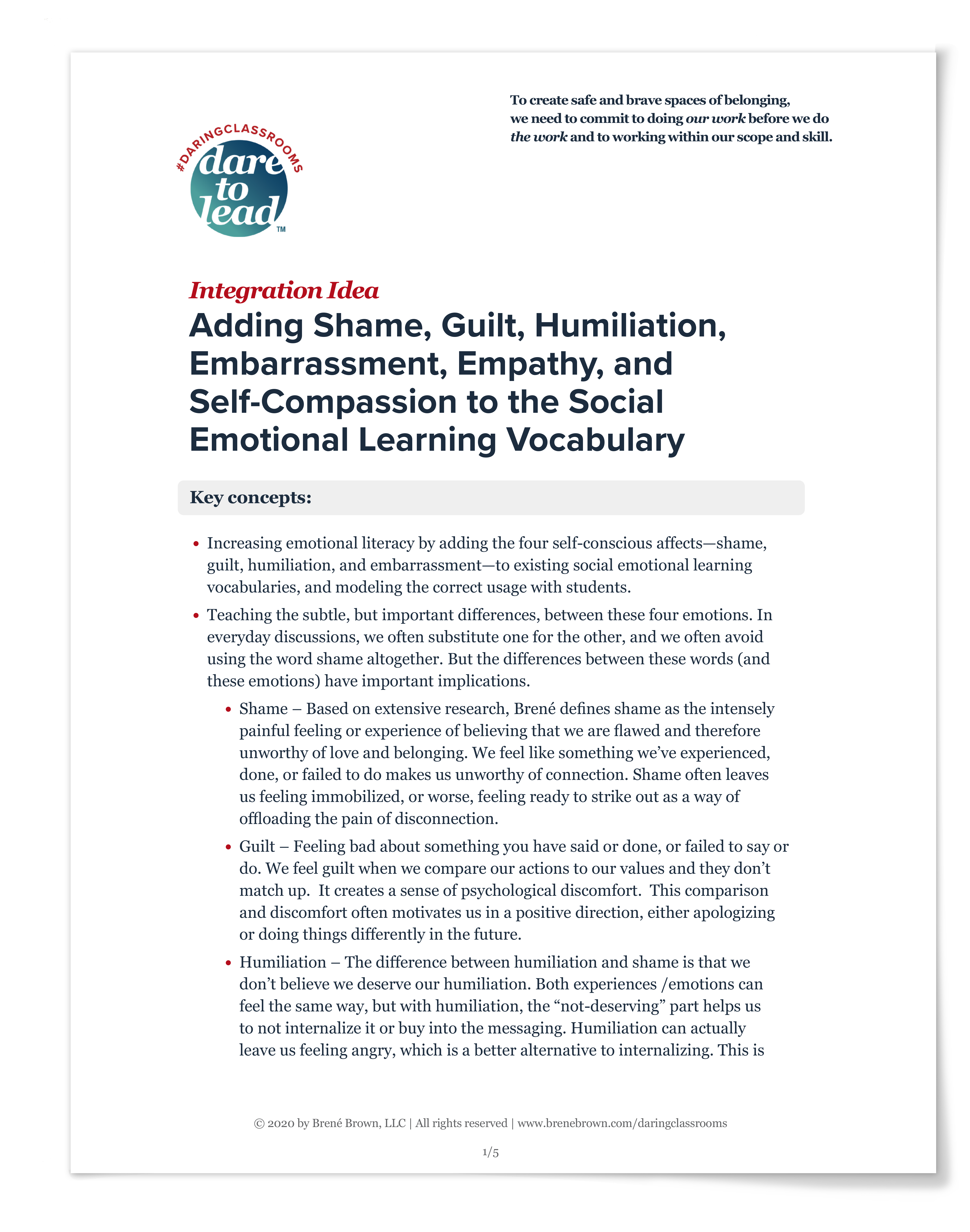 Adding Shame, Guilt, Humiliation, Embarrassment, Empathy, and Self-Compassion to the Social Emotional Learning Vocabulary for Daring Classrooms