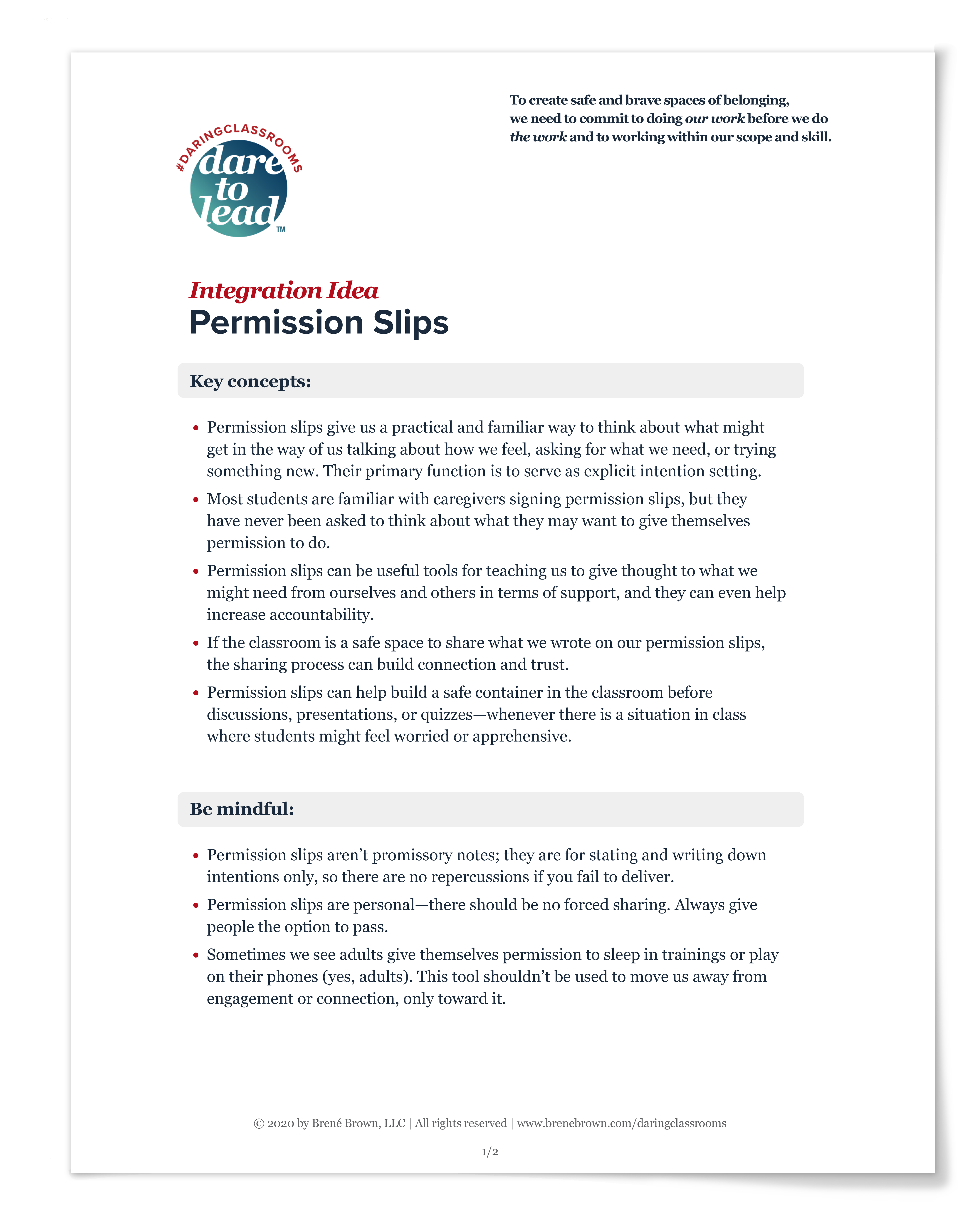 Permission Slip ideas for Daring Classrooms