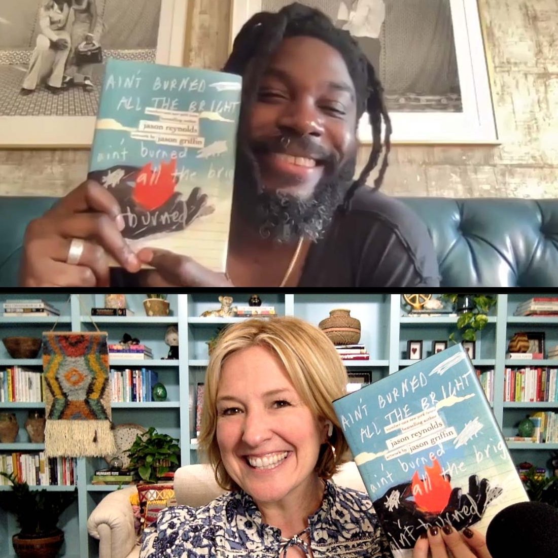 Jason Reynolds, author of Ain’t Burned All the Bright, and Brené Brown recording the Unlocking Us podcast
