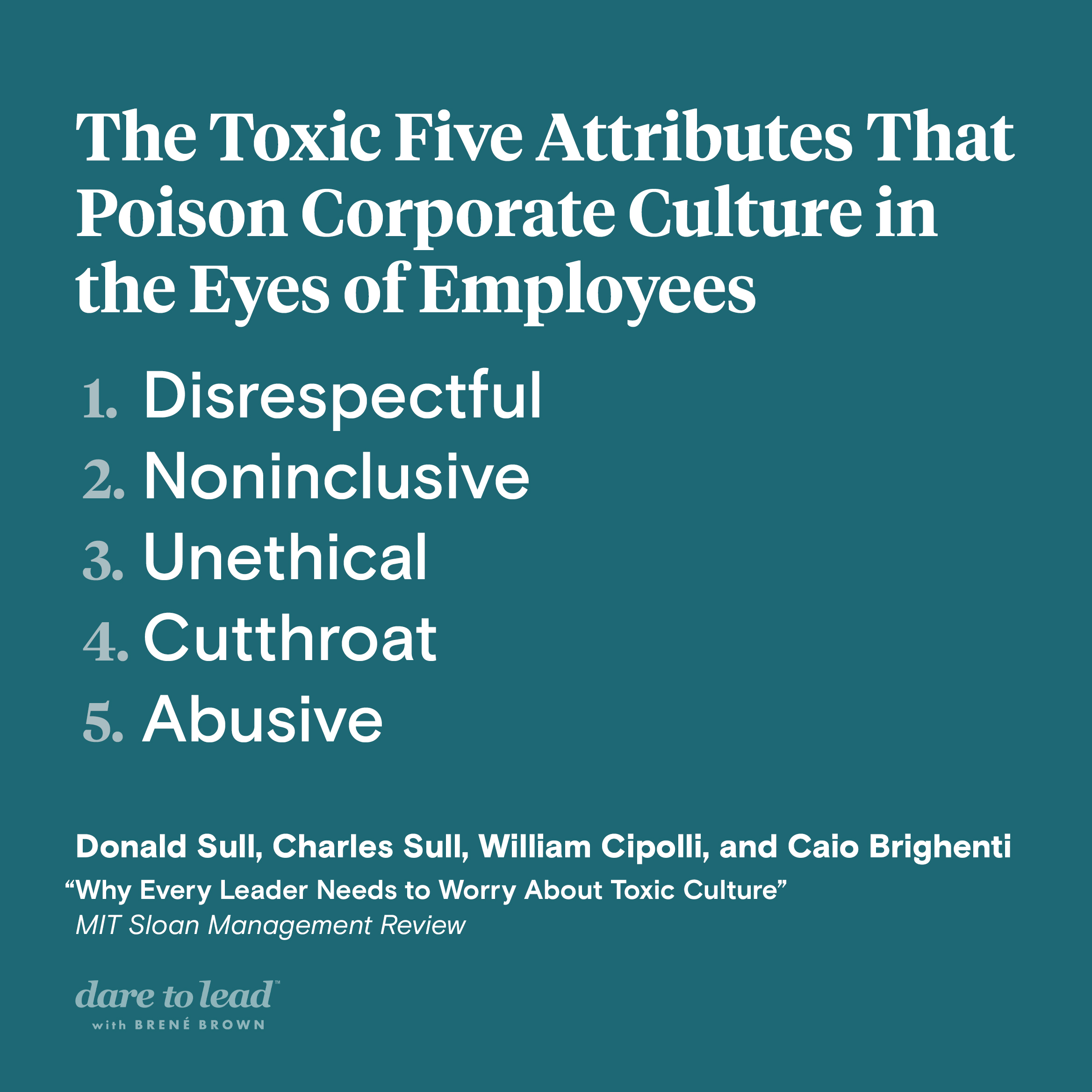 The Toxic Five Attributes That Poison Corporate Culture in the Eyes of Employees: Disrespectful, noninclusive, unethical, cutthroat, and abusive. These attributes appear in an MIT Sloan Management Review article titled Why Every Leader Needs to Worry About Toxic Culture, by Donald Sull, Charles Sull, William Cipolli, and Caio Brighenti.