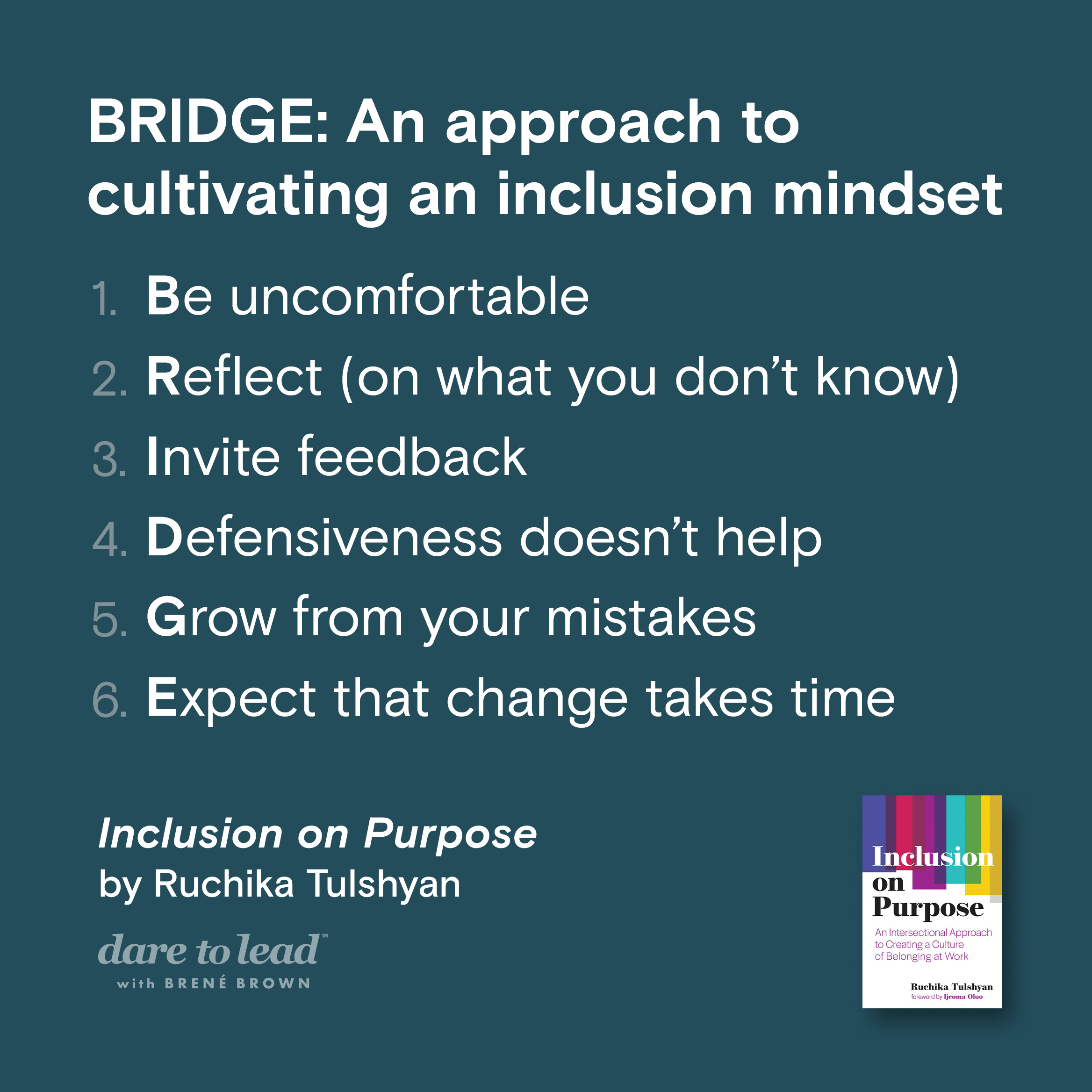 The BRIDGE framework from ‘Inclusion on Purpose’ by Ruchika Tulshyan: 1. Be uncomfortable. 2. Reflect (on what you don’t know). 3. Invite feedback. 4. Defensiveness doesn’t help. 5. Grow from your mistakes. 6. Expect that change takes time.