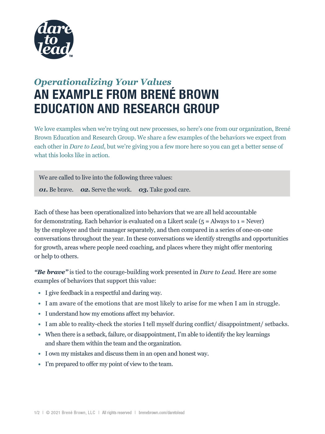 Dare to Lead Operationalizing Your Values: An Example From Brené Brown Education and Research Group