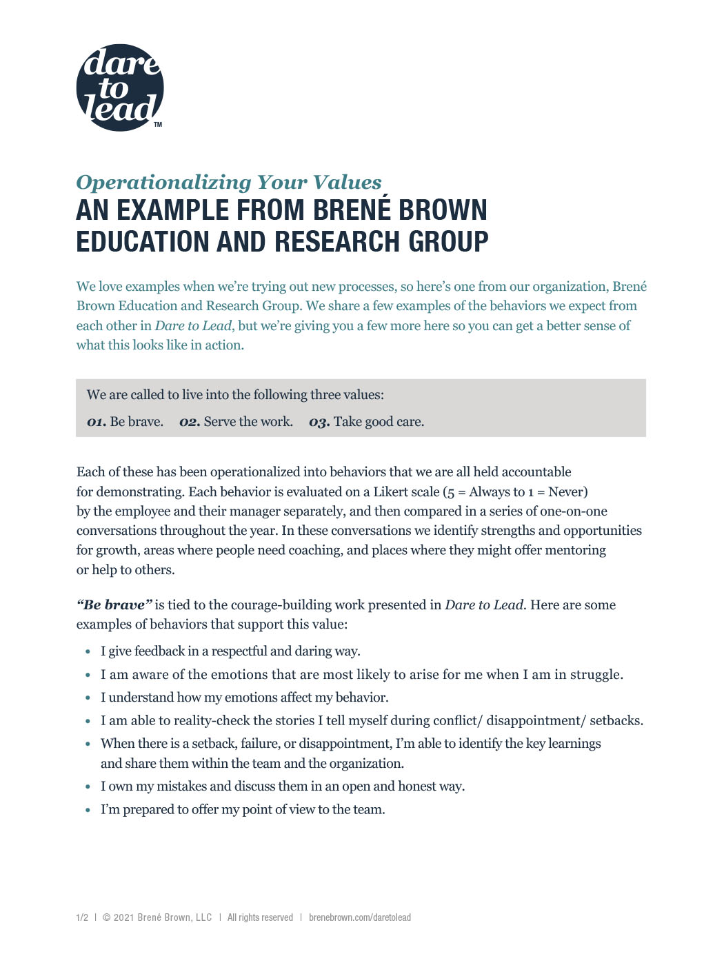 Dare To Lead Operationalizing Your Values An Example From Bren Brown