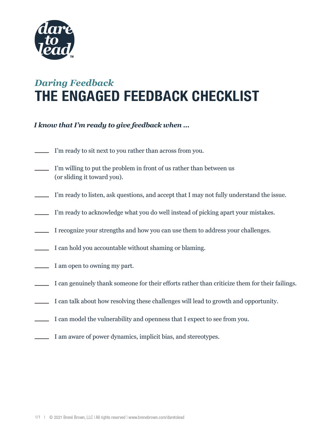 Dare to Lead The Engaged Feedback Checklist
