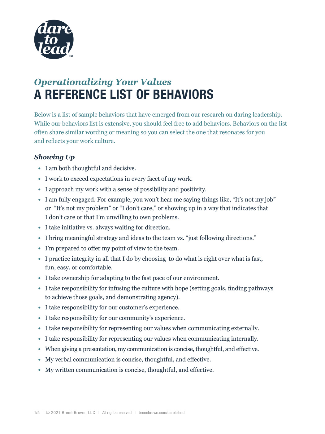 Dare to Lead Operationalizing Your Values: A Reference List of Behaviors