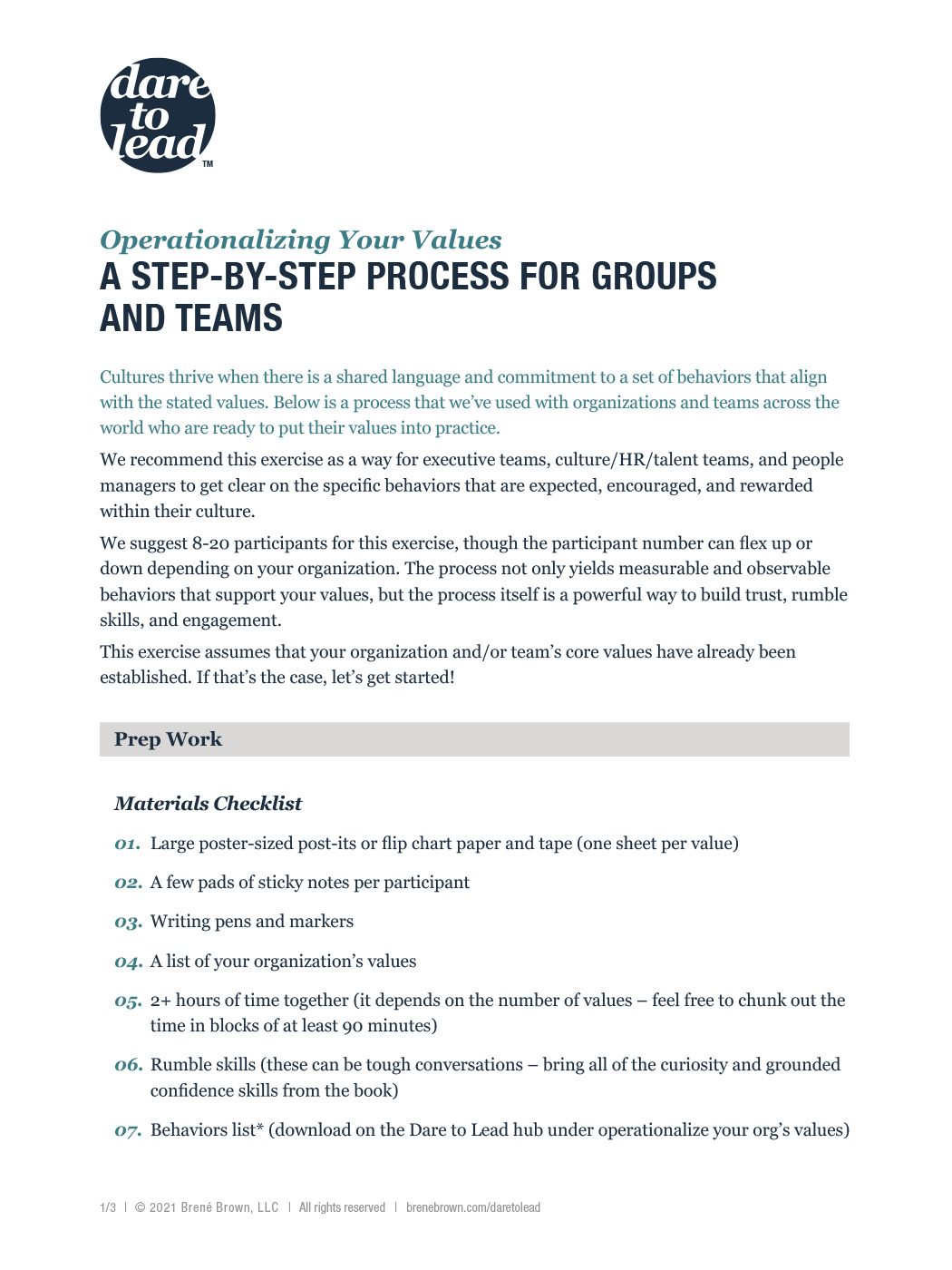 Dare to Lead Operationalizing Your Values: A Step-by-Step Process for Groups and Teams