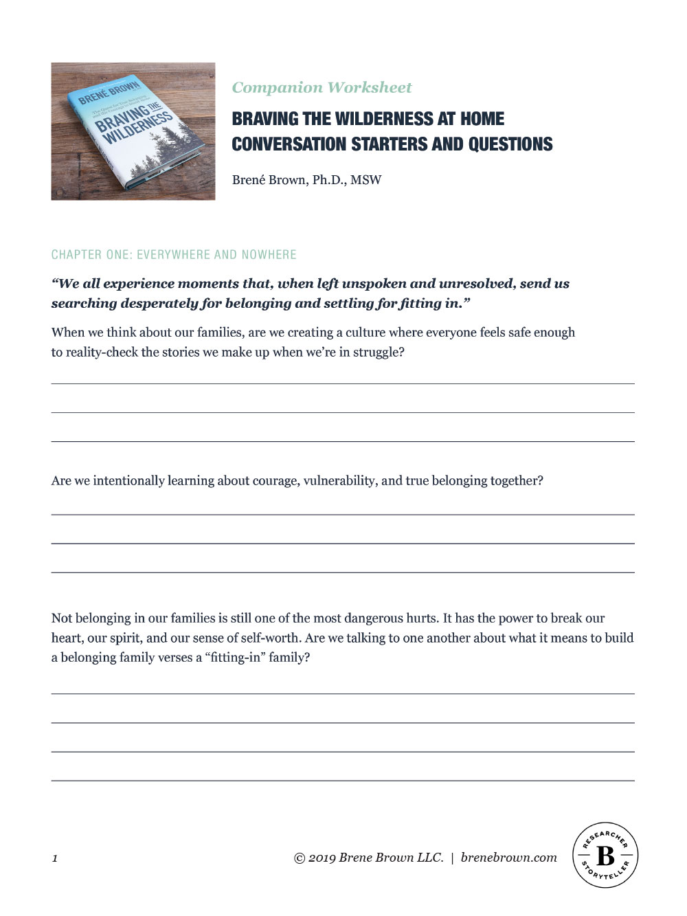A worksheet of at home conversation starters and questions for Braving the Wilderness