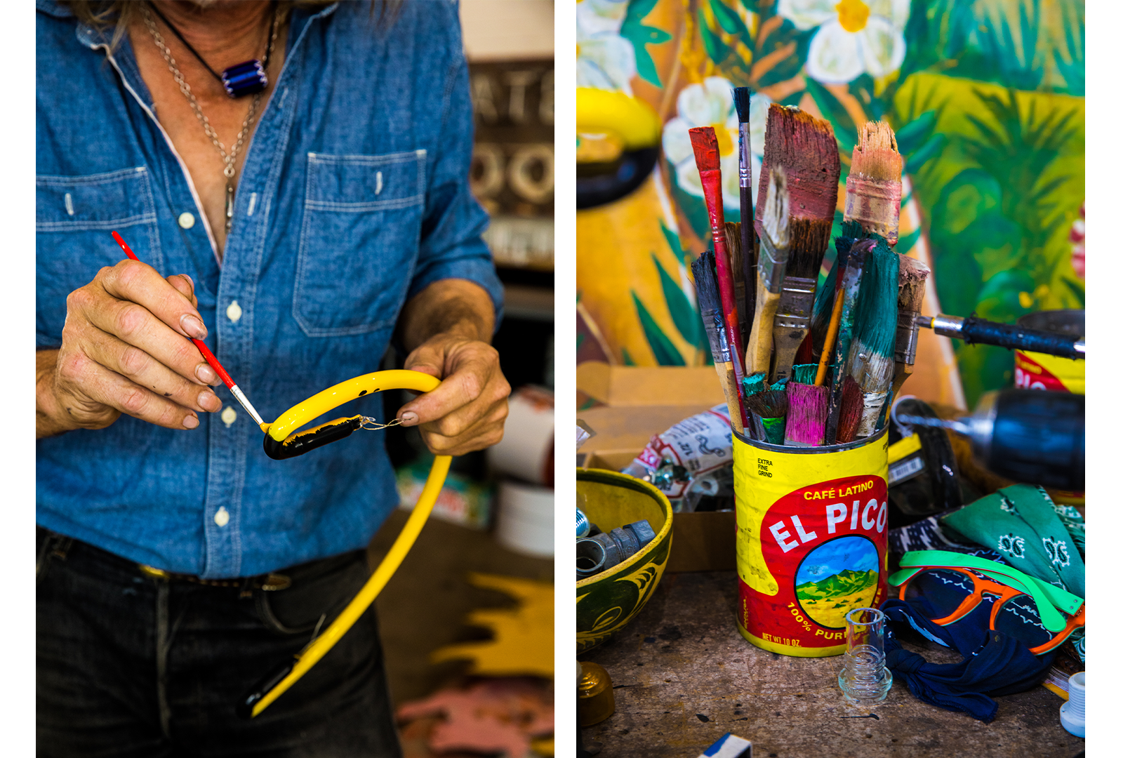 Close up image of Evan working on a sign and detail shot of some of his many tools.
