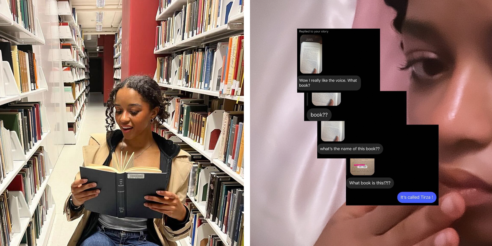 Photos of Hailey from her social media: at the library and direct messages on Instagram.