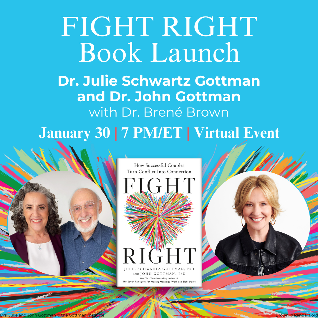 Pictures of Brené, Drs. John and Julie Gottman, and the cover of the Gottmans’ new book, Fight Right, on a light blue background. Join us for the Fight Right Book Launch virtual event on January 30th, 7PM ET.