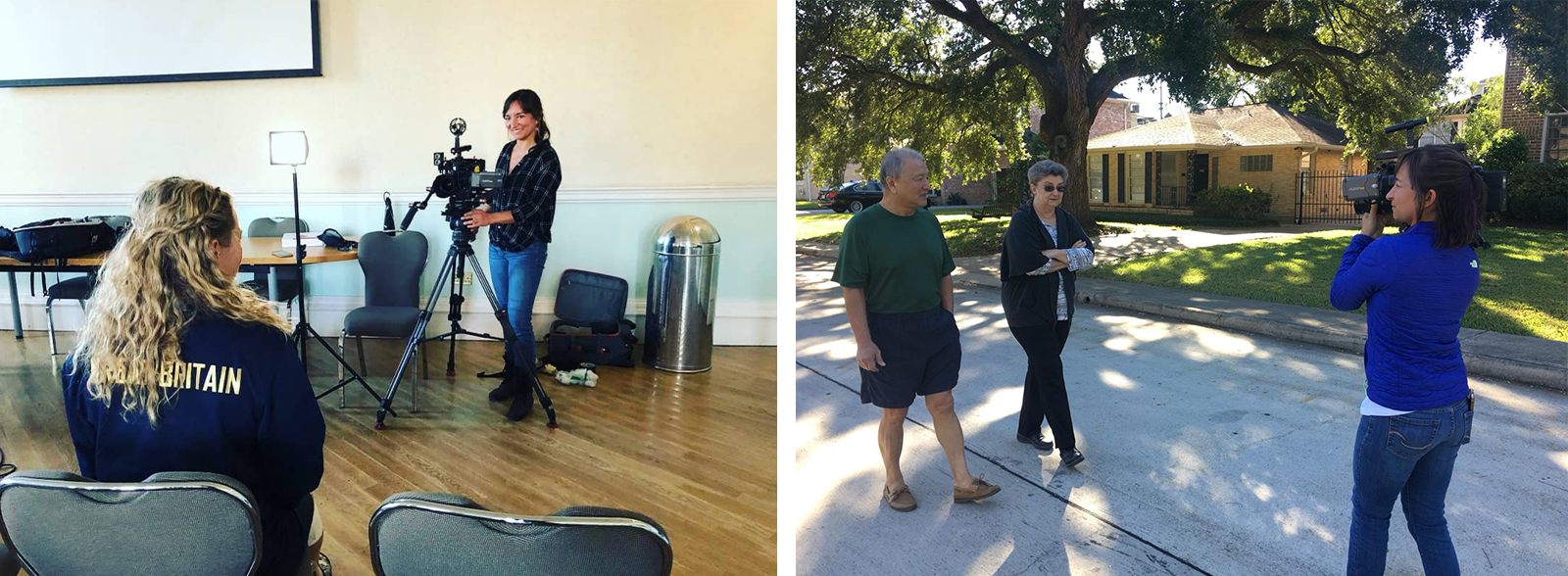 Left: Olivia smiling while taking a video of Phoebe Schecter in Leeds, England. Phoebe is sitting on a chair and has her back turned to the camera taking the image. Right: Olivia filming her parents, Basia and Beng, walking down the street of a neighborhood with houses in the background.