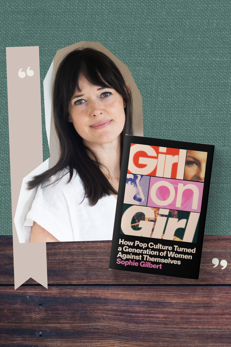A collage featuring a headshot of Sophie Gilbert and the cover of her book 