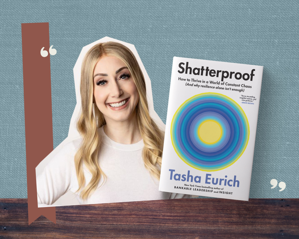 A collage featuring a headshot of Dr. Tasha Eurich and the cover of her book