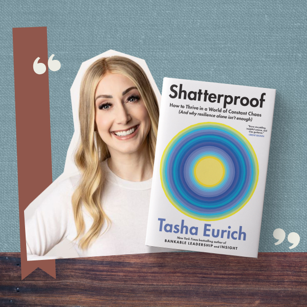 A collage featuring a headshot of Dr. Tasha Eurich and the cover of her book 