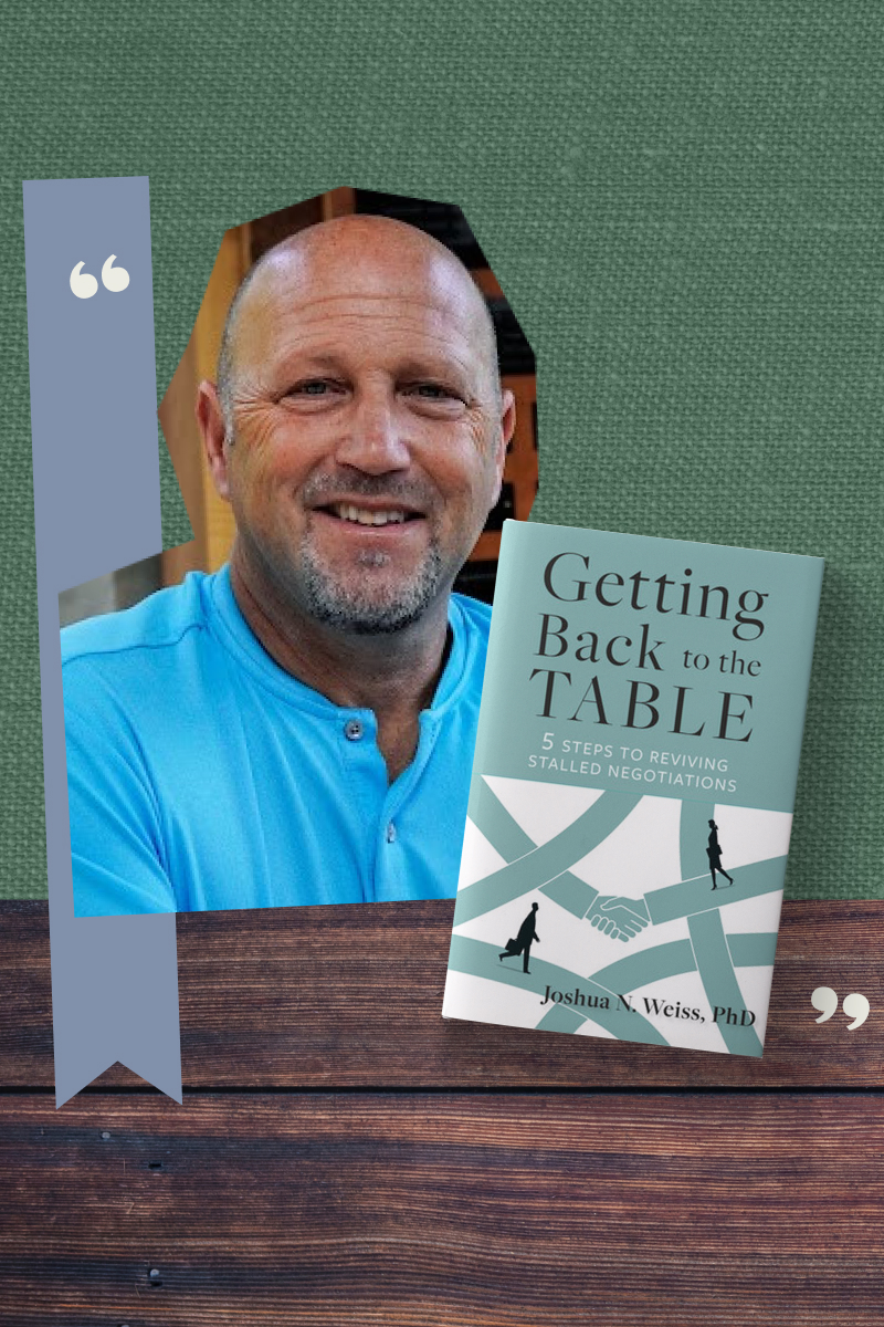 A collage featuring a headshot of Dr. Joshua N. Weiss and the cover of his book 