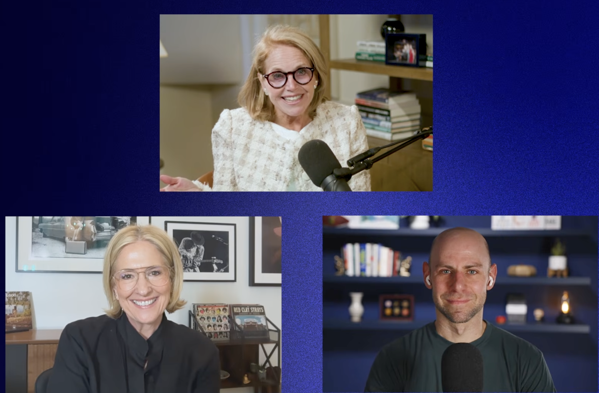 Brené, Adam Grant, and Katie Couric talking on Zoom for the Katie Couric podcast
