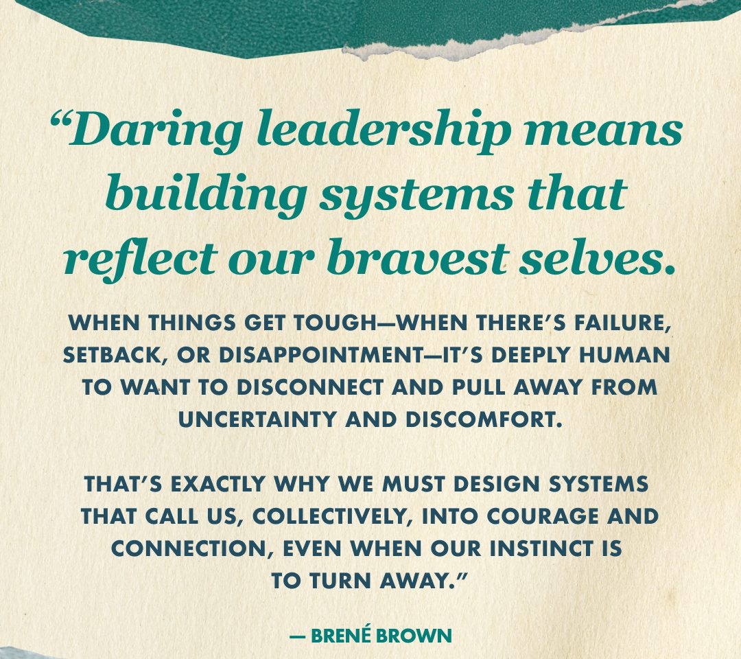 Episode 17, featuring a quote from Brené Brown against a torn-paper background with teal accents. The quote reads: 'Daring leadership means building systems that reflect our bravest selves. When things get tough—when there's failure, setback, or disappointment—it's deeply human to want to disconnect and pull away from uncertainty and discomfort. That's exactly why we must design systems that call us, collectively, into courage and connection, even when our instinct is to turn away.' The bottom shows headshots of Brené Brown and Ada, Grant. The Curiosity Shop logo and 'Episode 17' appear in the bottom left, with a Vox Media watermark in the bottom right.
