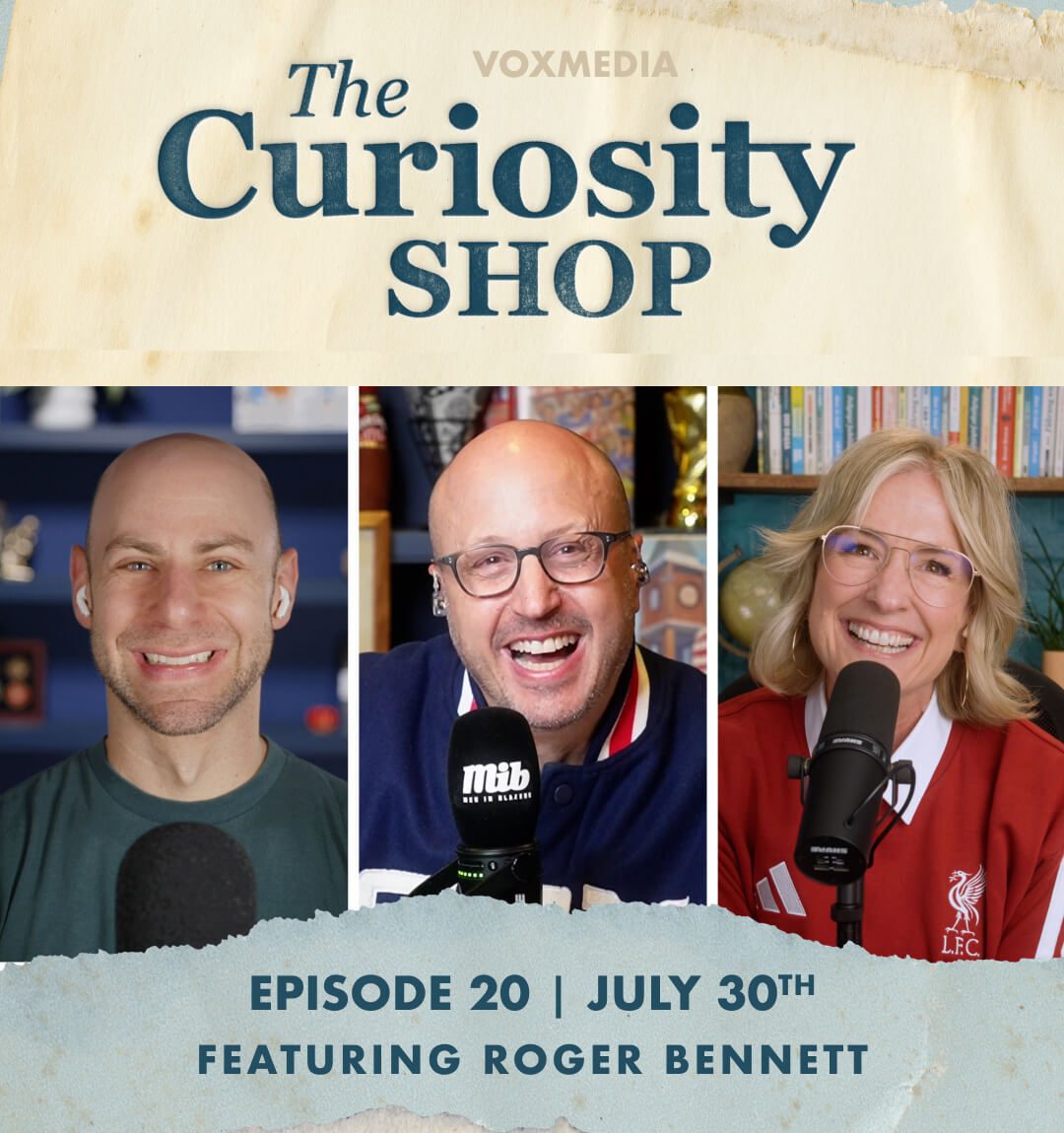 Why Sports Matter Even When the Game Doesn't - Headshot of Adam Grant, Roger Bennett, and Brené Brown with the Curiosity Shop branding.